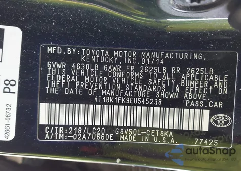 2014 Toyota Camry Se V6 z USA, uszkodzony, nr VIN 4T1BK1FK9EU545238